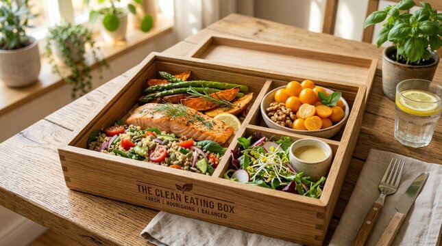 Healthy Clean Eating Box with Salmon and Colorful Vegetables
