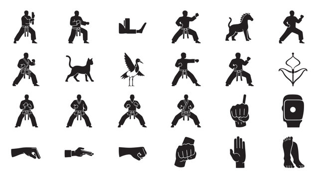 Collection of martial arts and combat sports icons in black.