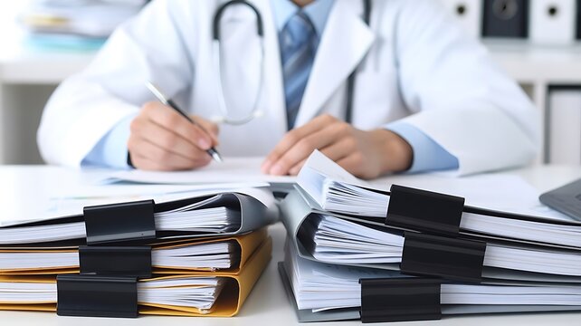 A doctor in a white medical coat sitting at a desk and writing on documents in a hospital office with stacks of folders and files in the foreground