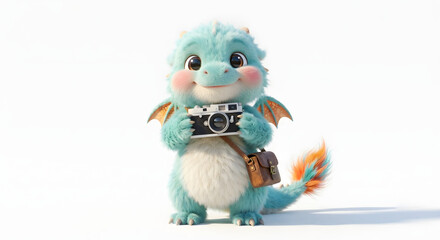 Fototapeta premium Cute fluffy 3D cartoon baby dragon photographer holding vintage camera isolated on white background