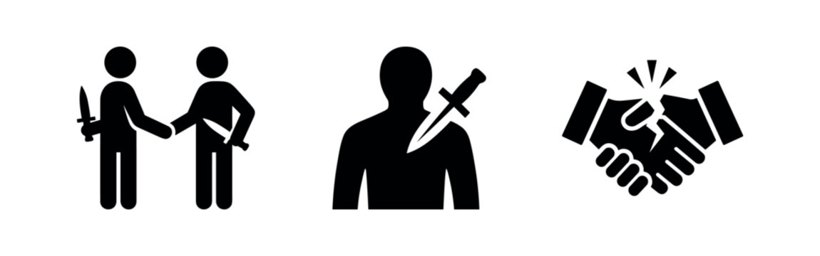 Betrayal icons: backstab, handshake with knife, broken handshake