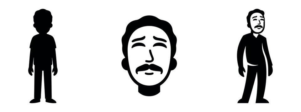 Man icons: silhouette, portrait, sad face with mustache, standing figure