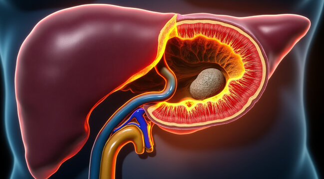 Liver and Disease concept ,Cross section of liver showing bile duct blockage with stone causing inflammation and pain
