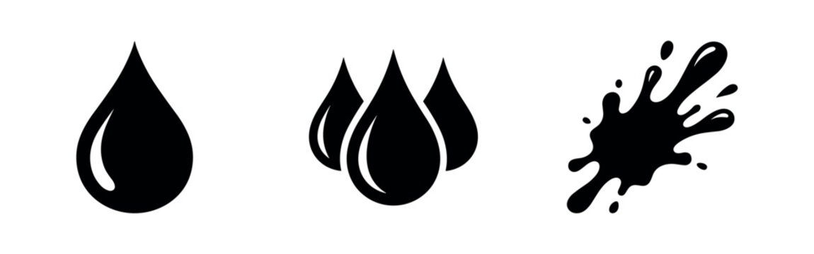 Liquid drop and splash icons: water, ink, fluid, droplet, splatter