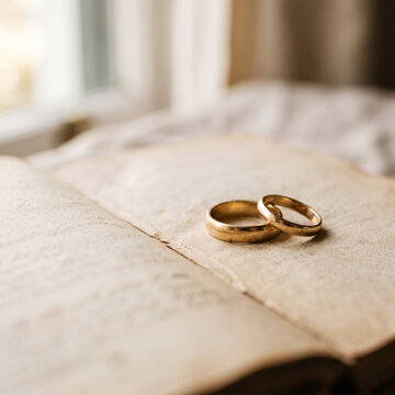 Two Gold Wedding Rings Resting on an Open Vintage Book