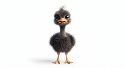 Fototapeta premium Cute fluffy 3D cartoon baby ostrich standing isolated on white background