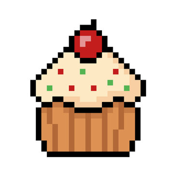 Pixel art cupcake with cherry and sprinkles isolated