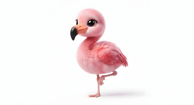 Cute fluffy 3D cartoon baby flamingo standing on one leg isolated on white background
