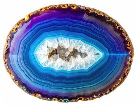 Sliced agate geode displays concentric bands of vibrant blue, purple, and white crystals