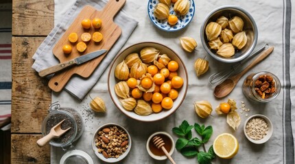Fototapeta premium Colorful Arrangement of Fresh Gooseberries and Ingredients on Table