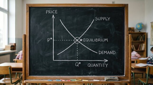 Economic equilibrium supply demand chalkboard diagram with price quantity intersection with classic chalkboard illustration