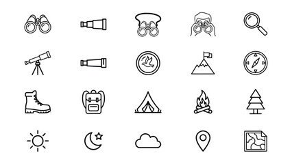Collection of outdoor adventure and nature exploration icons with transparent background for travel and hiking themes © Joyce