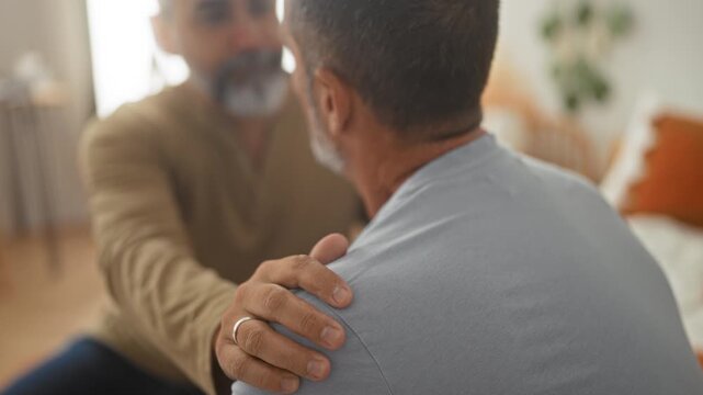 Man seated with hand on shoulder touching partner in building, ring visible and gentle reassuring touch on shoulder; comfort support.