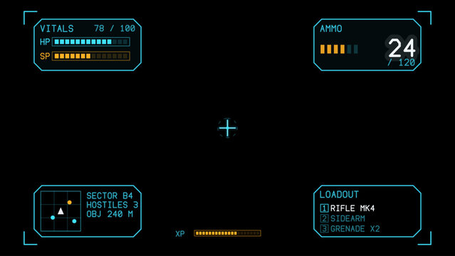 HUD - futuristic user interface elements for GUI, UI, UX, KIT. Futuristic user interface graphic box for UI game. Digital. Game UI HUD overlay on black with corner panels for health, ammo and