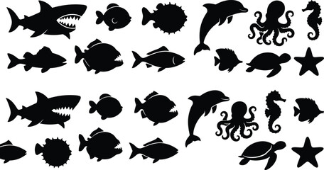Sea creatures black silhouette collection with shark dolphin octopus seahorse turtle pufferfish and starfish vector © Lipon