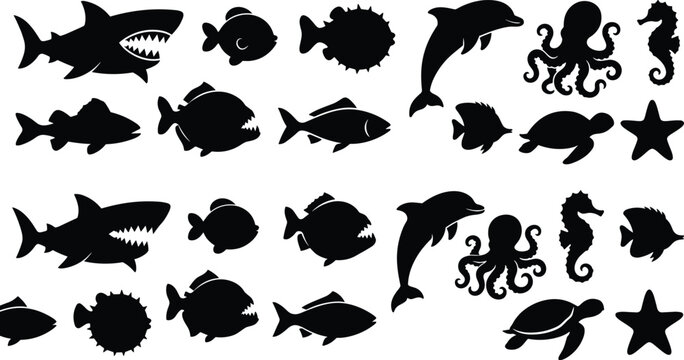 Sea creatures black silhouette collection with shark dolphin octopus seahorse turtle pufferfish and starfish vector