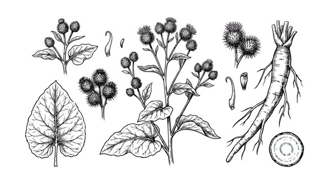 Vintage burdock botanical vector set, hand drawn medicinal plant with root and leaves, engraved burr herb collection for apothecary packaging