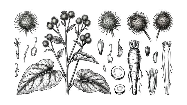 Vintage burdock botanical illustration set, hand drawn medicinal herbs and burr elements, black and white engraved plant vector