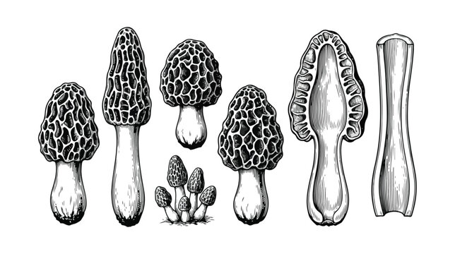 Vintage morel mushroom botanical illustrations, hand drawn edible fungi sketches, black and white engraved forest mushrooms vector set