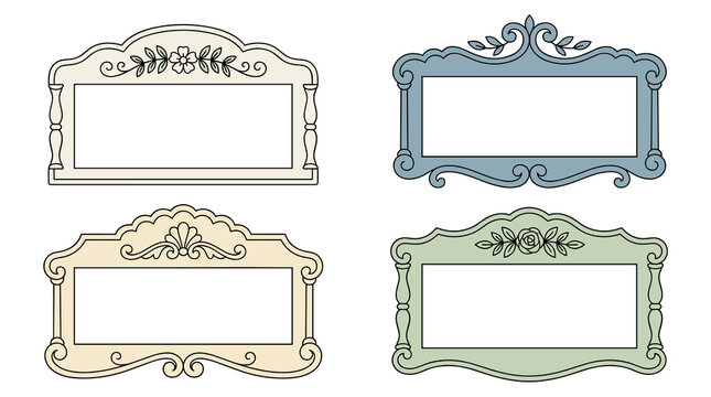 Set of four ornate rectangular vintage frames with intricate scrollwork, flat vector design elements for invitation cards and wedding stationery