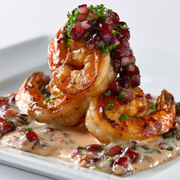 Gourmet seared shrimp with cranberry salsa and creamy sauce on white plate fine dining presentation