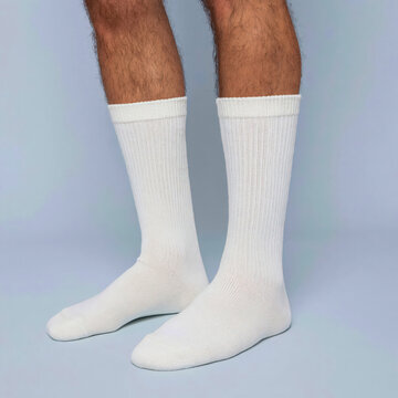 Male legs wearing plain white crew socks on light gray background, classic athletic cotton socks for everyday wear