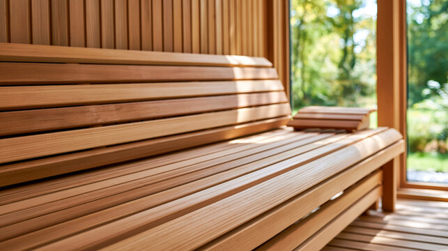 Modern wooden sauna interior with cedar bench and natural light from large window overlooking green forest