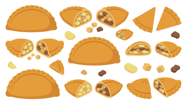 Set of isolated golden empanadas and meat pies, savory pastry snacks for menu design, bakery icons, culinary illustration, food presentation