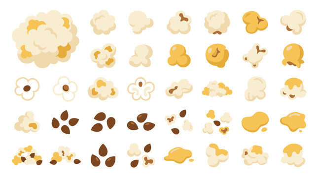 Set of isolated popcorn kernels and fluffy popped corn pieces, cinema snacks, movie theater food elements for menu design and entertainment branding
