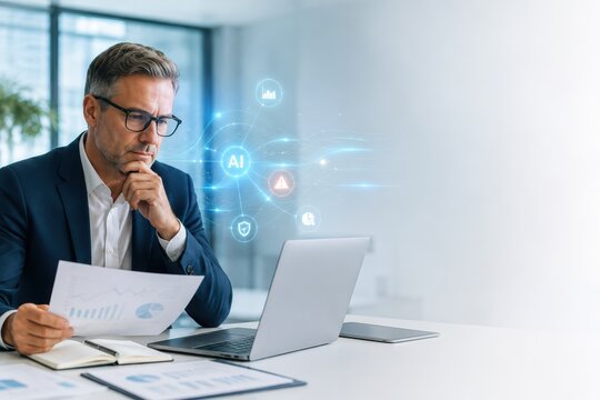CFO reviewing AI financial forecasts in modern office