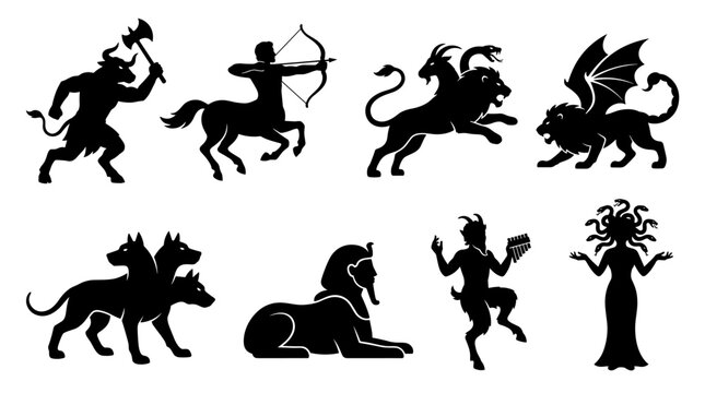 Set of black silhouettes of legendary ancient greek mythological creatures like minotaur, centaur, chimera, sphinx, cerberus and medusa for