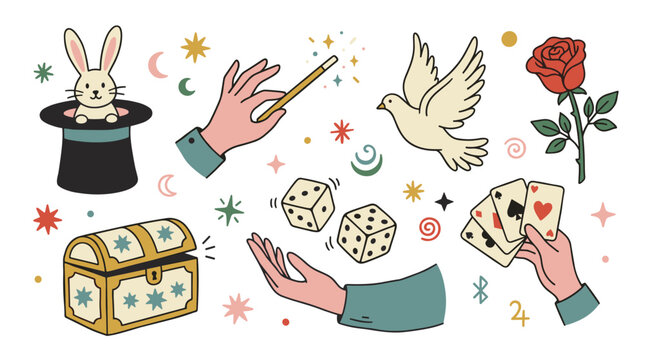 Set of magic performance elements with rabbit in hat, magician hands with wand and cards, dove, rose, and dice for entertainment design
