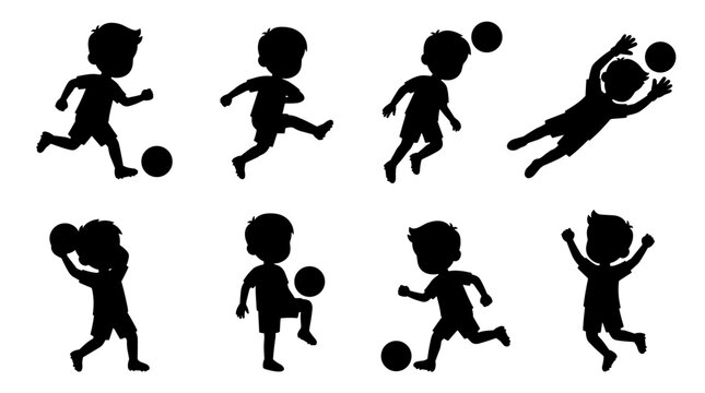 Set of black silhouettes of children playing soccer, dynamic action poses, kicking, jumping, and goalie saves, athletic movement for youth sports