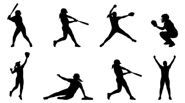 Set of female baseball player silhouettes, including batter, pitcher, catcher, and fielder in action poses, perfect for sports graphics and team