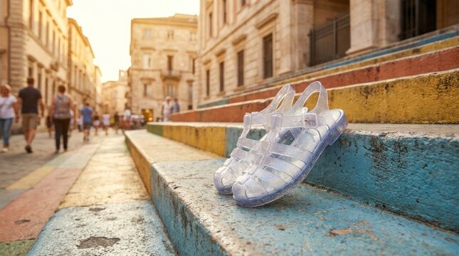 translucent jelly sandals resting on bright city steps summer fashion