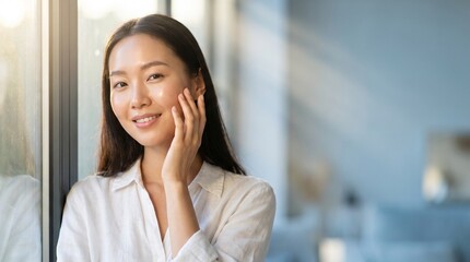 Fototapeta premium Young Asian Woman with Radiant Skin Smiling by Window in Golden Hour Sunshine