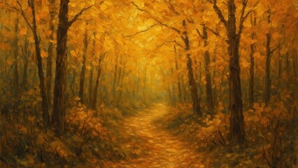 Fototapeta premium Golden autumn forest path painting.