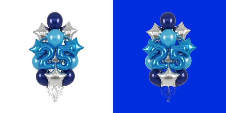 Bunch of blue and silver balloons shaped like number twenty five for a birthday celebration