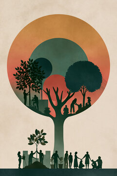 Inspirational Make a Difference Day poster featuring people working together for a better future. Tree planting and helping others symbolize cooperation, growth, and hope