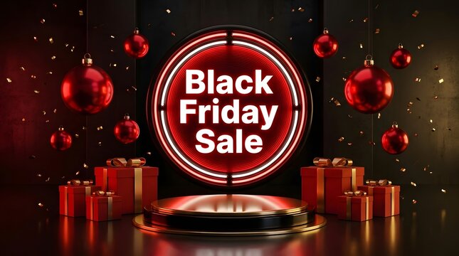 Elegant black friday sale background featuring a product display podium with red gift boxes