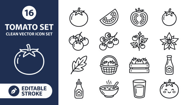 Tomato vegetable icon set featuring fresh produce slices sauce and farming elements in clean line vector style