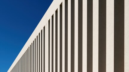Obraz premium Minimalist modern architecture with repeating concrete columns and dramatic shadows against a deep blue sky