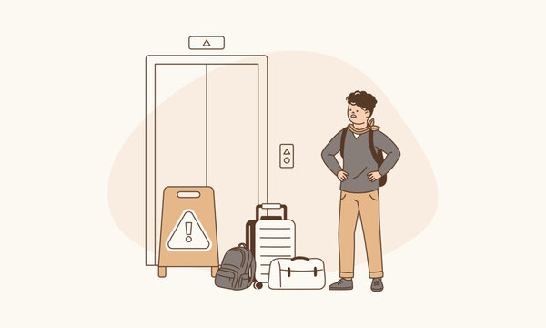 Male Traveler Standing with Multiple Suitcases Looking at out of Service Elevator Sign Vector