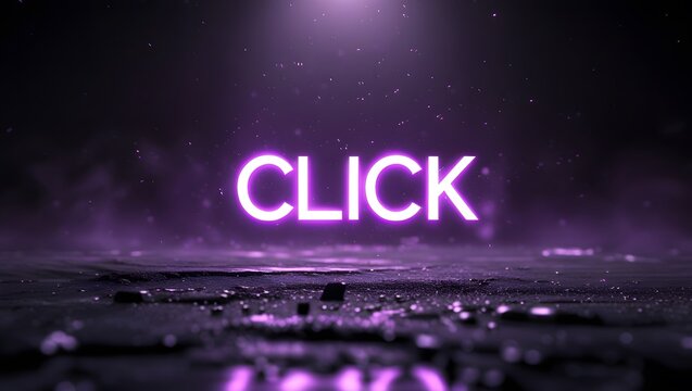Futuristic CLICK Neon Sign with Dramatic Purple Glow and Black Background
