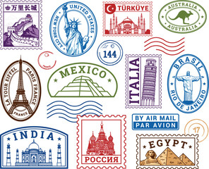 World Travel Passport Stamp Set with China USA Turkey France Mexico Italy Brazil India Russia and Egypt Landmark Colorful Vector Illustration Collection