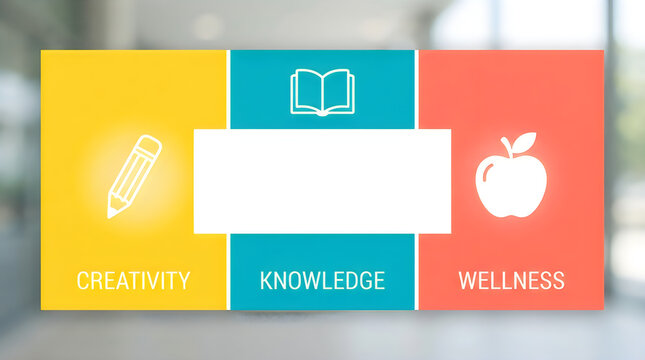 Color-block education banner with icons for creativity, knowledge, and wellness isolated on transparent background for school website design and student graphics.