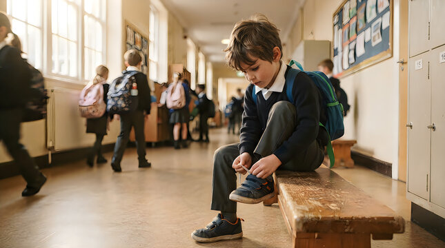 A young school boy tying his shoelaces on a wooden bench in a school hallway isolated on transparent background for educational and lifestyle imagery.