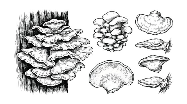 Vintage mushroom sketches, hand drawn bracket fungi on tree bark, botanical oyster mushroom vector set for organic food packaging and nature guides