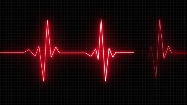 ECG heartbeat line glowing on a deep black background, with sharp pulse peaks and smooth flat segments, symbolizing heart activity, life monitoring 4k video
