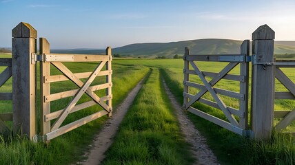 Fototapeta premium A wooden gate standing open on a rural path leading through a lush green field towards rolling hills under a clear blue sky during the golden hour
